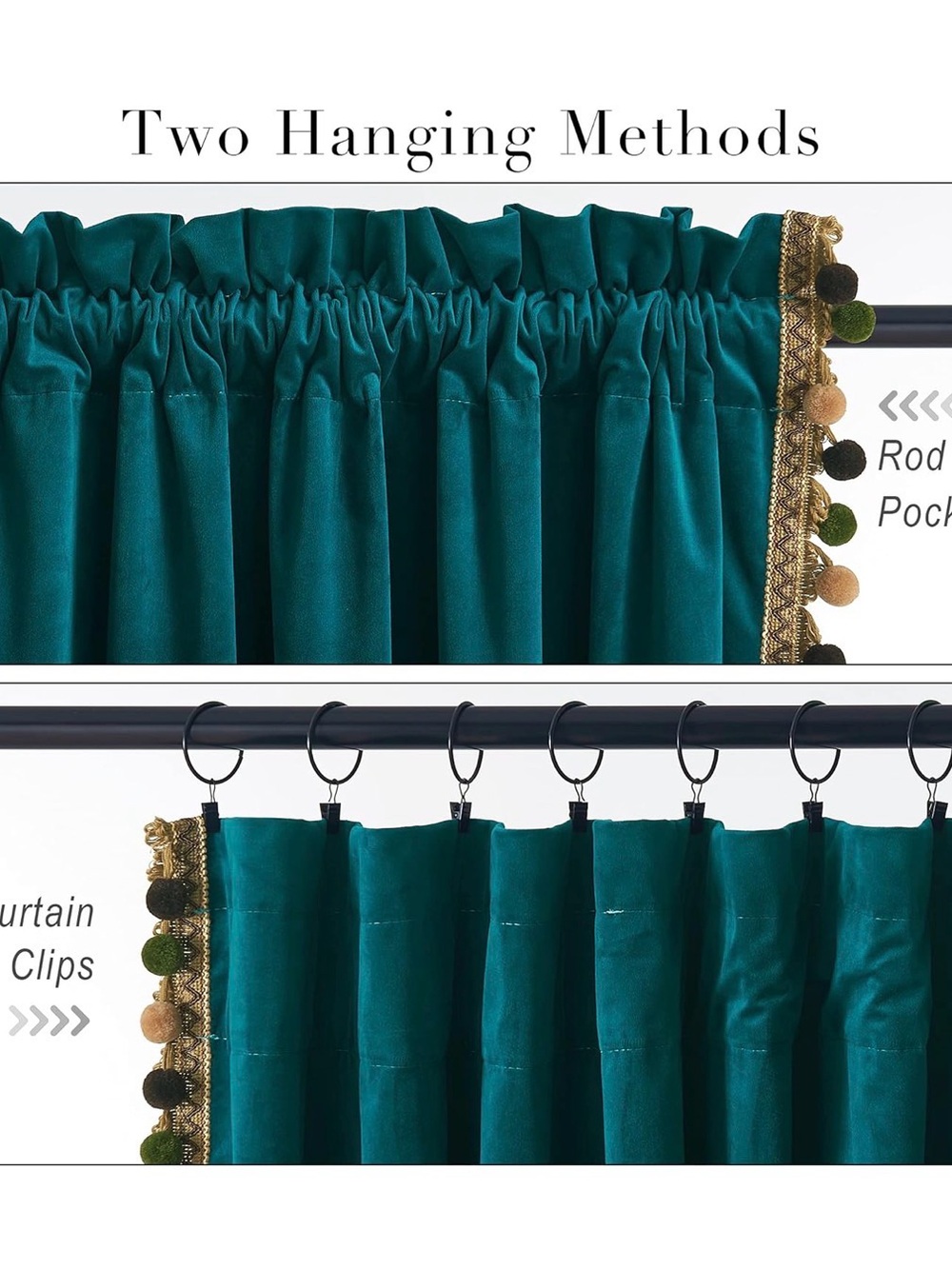 2 Panels Teal Velvet Window 96 “ Curtains with Gold Trim and Pom-Pom Accents - Picture 5 of 9
